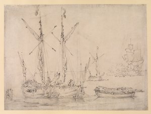 河口シーン：3つのガリオット、はしけ、およびフリゲートが敬礼を発射、1675年頃（紙に黒鉛） 作： Willem van de Velde